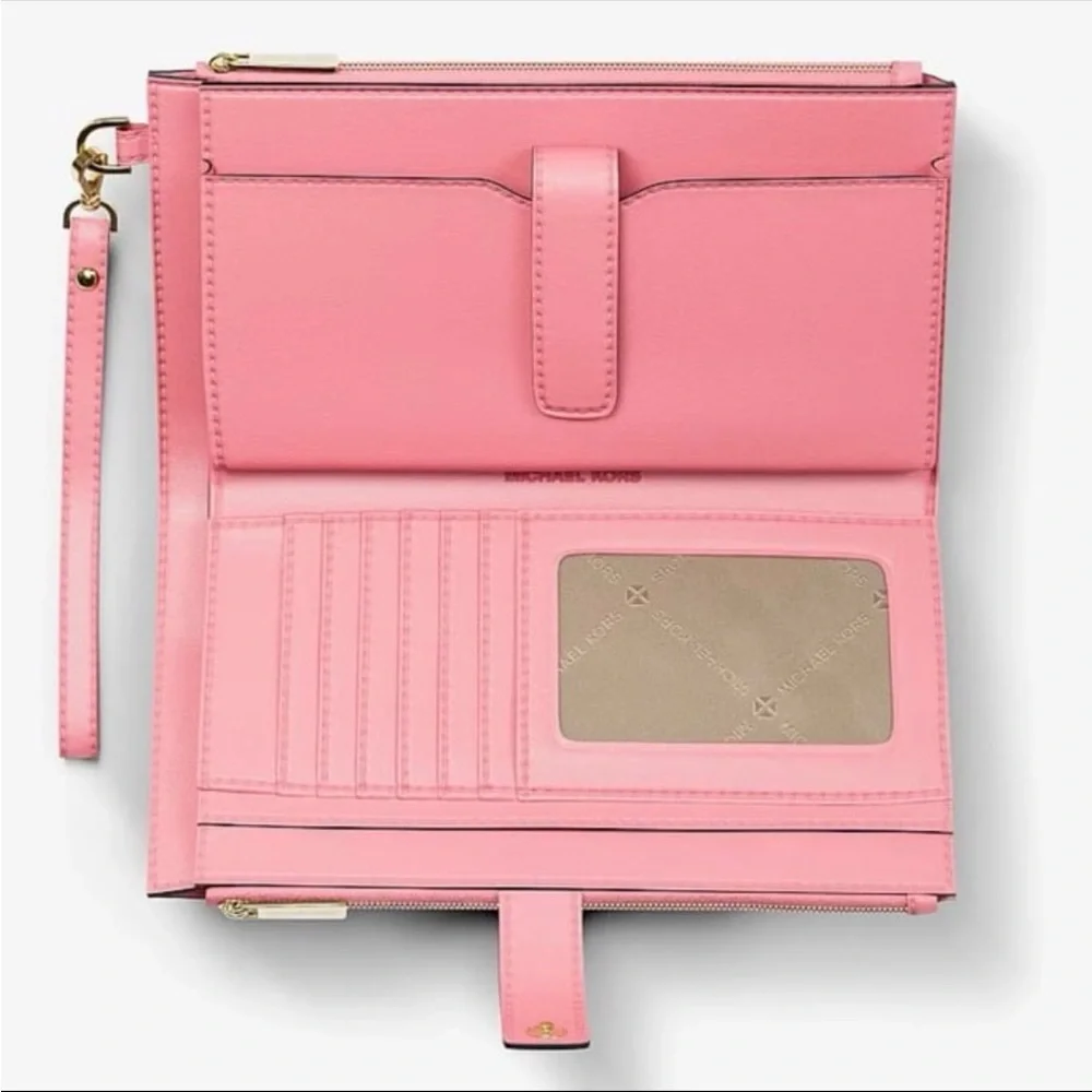 MICHAEL KORS JST Lg Double Zip Printed Sign Logo Wristlet Wallet CARNATION
